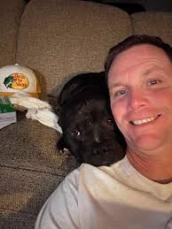 This is Orbit. He was found with a very round head due to an infected  abscess. Thanks to your recent support of our 'tell your dog i said hi'  merch, the 15/10