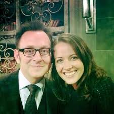 Behind scene photo of Michael Emerson as Harold Finch and Amy Acker as Samantha  "Root " Groves