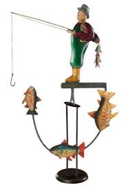 Antiqued Fly Fisherman 21 Sky Hook Tetter Totter Tin Metal Balance Toy Figurine Fly Fisherman Authentic Models Fisherman