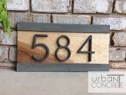 Personalise any of our modern acrylic house number signs, designer house number plaques, floating house numbers and stunning led illuminated house signs. Sign Plaque Modern House Numbers Concrete With Wood Vertical Home Decor Modern Home Decor Plaques Signs