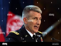 U.S. Gen. John Nicholson, top U.S. commander in Afghanistan, speaks during  a joint press conference with Special Charge d'Affaires of the U.S. Embassy  Hugo Llorens at Government Media and Information Center in