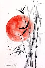 Japanese Style 3 Bamboo And The Sun Original Watercolour Painting In Mpressionistic Style Vivid And Contrast Red And Black Colours Aquarelle Artwork 7 5 11 In 2020 Chinese Art Painting Japanese Artwork Art