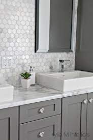 Comes with gray granite countertop and subway backsplash tile. A Marble Inspired Ensuite Bathroom Budget Friendly Too White Bathroom Designs Bathroom Countertops Gray And White Bathroom