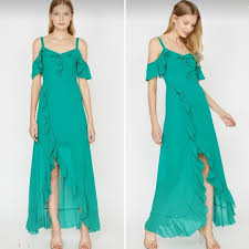 Yesil Sifon Askili Kol Ve Etek Firfir Detayli Abiye Koton Yazlik Kadin Elbise Modeli Kadinlar Elbise Modelleri Elbise Moda Stilleri