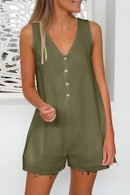 V Neck Sleeveless Button Up Casual Romper Casual Playsuit Casual Rompers Solid Color Jumpsuits