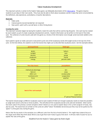 The catch is that the clues cannot include a list of taboo terms. Taboo Vocabulary