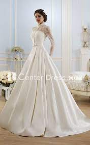 Ball Gown Long High Neck Long Sleeve Illusion Satin Dress With Lace Modest Wedding Dresses Ball Gowns Wedding Wedding Dresses Satin