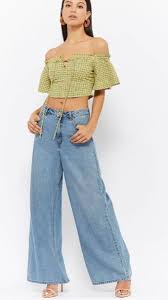 2020 Gunluk Spor Kombinler Outfit Mavi Bol Kesim Kot Pantolon Yesil Kisa Omzu Acik Kisa Kollu Gomlek Pantolon Moda Kotlar