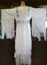 Woman S White Buckskin Beaded Long Fringes Wedding Dress Ewd24 In 2021 Native American Fashion American Indian Clothing Native American Dress