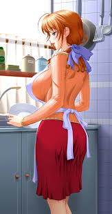 sano toshihide, futago no haha seihonnou, highres, 1girl, apron, ass, blue  eyes, breasts, curtains, hair ornament, housewife, huge breasts, kitchen,  long hair, looking down, mature female, orange hair, plate, skirt, smile,  solo,