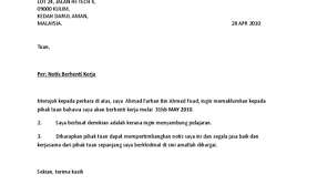 Contoh notis berhenti kerja di bawah ini adalah sama sahaja formatnya seperti surat berhenti kerja yang lain. Contoh Surat Berhenti Kerja 24 Jam Simple Nusagates
