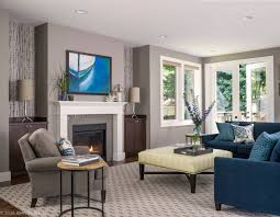 The dark gray shade in this arrangement provides a necessary blend between the black and white elements in the room. Blue Grey Walls Living Room Ideas Photos Houzz