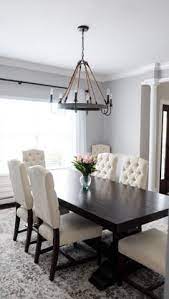 Gray And White Dining Room Pottery Barn Tufted Chairs And Banks Dark Wood Table Dark Dining Room Farmhouse Dining Room Luxury Dining Room