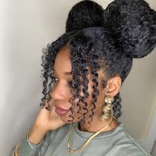 Naturally Melanin Hair On Instagram Two Side Curly Bangs With Space Buns Follow Naturall In 2020 Girls Natural Hairstyles Natural Hair Updo Curly Hair Styles