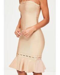 Crafted from our ever famous stretch bandage fabric that works with your curves to create your perfect hourglass shape, 'amalea' features a delicate cutout design through the waist and the hem. Missguided Camel Bandage Bandeau Frill Hem Midi Dress In Natural Lyst