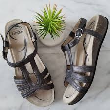 Abeo Ankle Strap Wedge Sandal Buckle Gray Open Toe