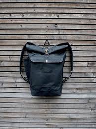 Black Waxed Canvas Rucksack Waterproof Backpack With Roll Up Top And Padded Shoulder Straps Collection Unisex