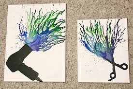 Diy Hair Salon Art Silhouette Painted On Canvas With Crayon Splatter Crayon Art Diy Canvas Art Projects Salon Wall Art