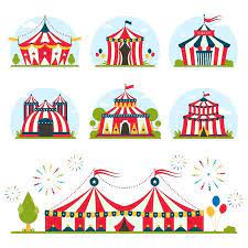cartoon circus tent with stripes and flags carnival entertainment in 2020 circus tent graphic design portfolio cover red tent