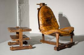 The lyon leather sling lounge chair is made from natural cowhide leather woven on a teak frame. Brutalist Brazilian Style Patched Leather Lounge Chair And Side Table With Wooden Frame Brazil 1960s Ref Ch011 Hunterpearl