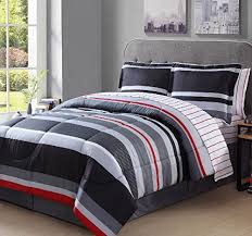 X 86in., and 2 standard shams: 8 Piece Boys Full Rugby Stripes Comforter Set Gray White Grey Black Red Stripes Bedding Pattern Beautiful Colors Horizontal Striped Rugby Bed In A Bag With Sheet Set Buy Online In Solomon