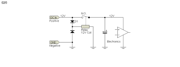 Diode d 1 blocks power to the relay, and the protection circuit dissipates no power. An013 Reverse Polarity Protection