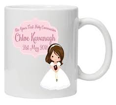 It features a prayer book, rosary, keepsake box, scapular and pin all presented in a lovely gift. Personalised Communion Day Mug For Girls Communion Gifts First Holy Communion Communion Gifts Girl