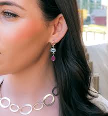 Citrine, Blue Topaz & Ruby Earrings in Sterling Silver