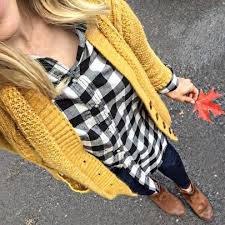 Black And White Checkered Shirt Outfit Yellow Cardigan Over Black And White Checked Shirt With Black Jeans Fashion Plaid Shirt Outfits Clothes