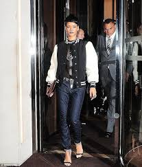 Black And White Varsity Jacket Mens Rihanna Wears Blue Lipstick To Launch New Clothing Line Rihanna Lipstick Shirt Fashion