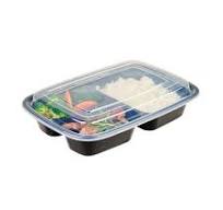 Asporto 26 oz Black Plastic 3 Compartment Food Container - with Clear Lid,  Microwavable - 8 3/4" x 6" x 1 3/4" - 100 count box
