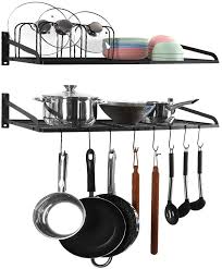 Maybe you would like to learn more about one of these? Kitchen Pan Storage Rack 2 Tier Hanging Shelf Pot And Pan Wall Mounted Cookware Organiser Black Metal With 10 S Hooks Cooking Dining Kitchen Storage Organisation Thietke Webs Com Vn