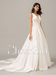 How do you clean a satin wedding dress? Simple A Line Beaded Wedding Dresses V Neck Cream White Satin Bridal G Sheergirl