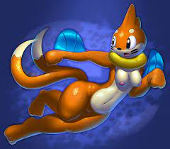 2014 anthro anthrofied black eyes breasts buizel elpatrixf female  looking back mammal multiple tails mustelid navel nintendo nude open mouth  orange body pokemon pussy solo video games 