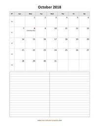 October 2018 Calendar Printable Vertical With Note Space October 2018 Calendar Printable Pdf