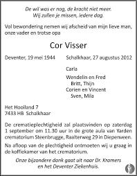Cor Visser ✝ 26 augustus 2012 • overlijdensbericht en condoleances