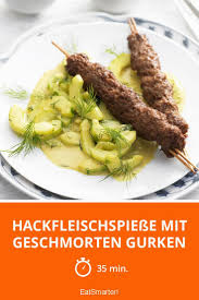 Hackfleischspiesse Mit Geschmorten Gurken Rezept Rezepte Schmorgurken Gurke