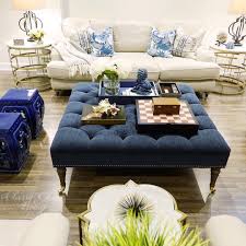 Pair with vintage leather seating and nickel accessories. Family Room Living Room Blue Decor Large Tufted Ottoman Restoration Hardware English Roll Arm Sofa Blue Living Room Family Room Design Ottoman In Living Room