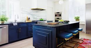 Blue and white transitional kitchen with shades. Navy Kitchen Cabinets Go Well With White Counters But What Else