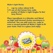Wyler S Light Slushy Idea 1 Cup Ice Cubes About 6 8 1 2 Can Of Diet Lemon Lime Soda 1 Packet Of Wyler S Light Singles Slushies Light Recipes Lemon Lime Soda