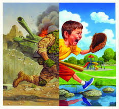 This Shows The Juxtaposition Or Contrast Between War And Peace Using A Soldier And The Innocence Of A Little Boy Peace Art Satirical Illustrations Art