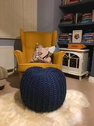 Homemade Knitted Pouf In Navy Blue Next To Yellow Ikea Strandmon Chair Cosy Reading Corner Strandmon Chair Yellow Armchair Living Room Ikea Yellow Chair