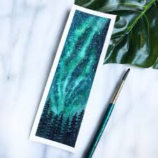Northern Light Pinetree Watercolour Bookmark Northern Light Pine Tree Watercolor Bookmark B Watercolor Bookmarks Art Painting Northern Lights Watercolor