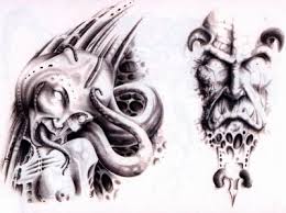 A scary face tattoo design showing on side back. Free Demon Face Tattoo