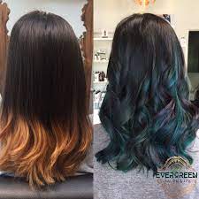 Before After Oil Slick Color Medium Length Hair Blue Black Dark Green Purple Medium Length Hair Styles Black Hair With Highlights Long Hair Styles