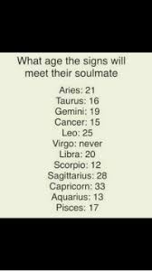 A selfish combination a couple formed by a cancer and an aries is a good combination, because they work as a team together, and they share their dreams and their aspirations, and find the best solutions to fulfil them. What Age The Signs Will Meet Their Soulmate Aries 21 Taurus 16 Gemini 19 Cancer 15 Leo 25 Virgo Never Libra 20 Scorpio 12 Sagittarius 28 Capricorn 33 Aquarius 13 Pisces 17