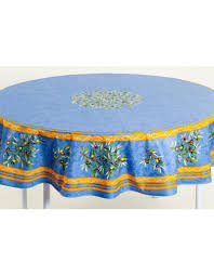 Top of the line panama linen. Coated French Tablecloth Round W Umbrella Hole Blue Olives Amelie Michel Llc