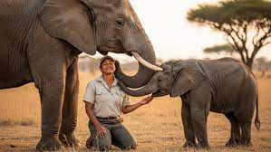 Veterinarian cares for baby elephant calmly