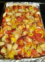 Oven Roasted Sausages Potatoes And Peppers Cook N Is Fun Food Recipes Dessert Dinner Ideas Recipes Food Stuffed Peppers