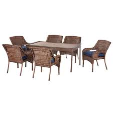 Hampton Bay Cambridge 7 Piece Brown Wicker Outdoor Patio Dining Set With Standard Midnight Navy Blue Cushions In 2020 Blue Cushions Patio Dining Set Navy Blue Cushions